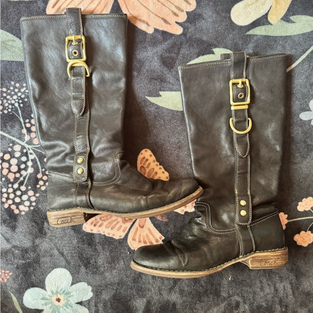 Coach Black and Gold Heeled Weslyn Boots with Vintage Charm